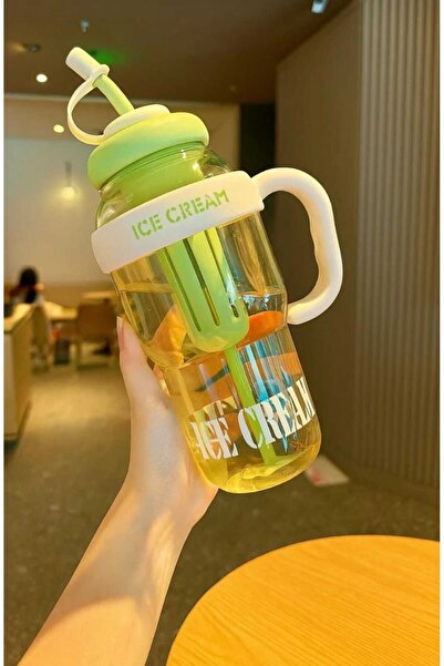 Home Ice Cream Designed Water Bottle with Straw 1.3 Liter Large Volume, Transparent Color Flask, Leak-Proof Lid