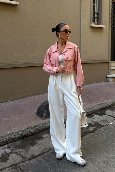 bacc Γυναικείο ροζ τζιν μπουφάν με διπλές τσέπες, κοντό BCDF-255419