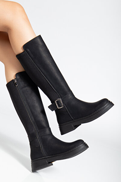 halabi moda حذاء نسائي أسود اللون بتفاصيل مشبك من الزمرد غير اللامع وقابل للت...