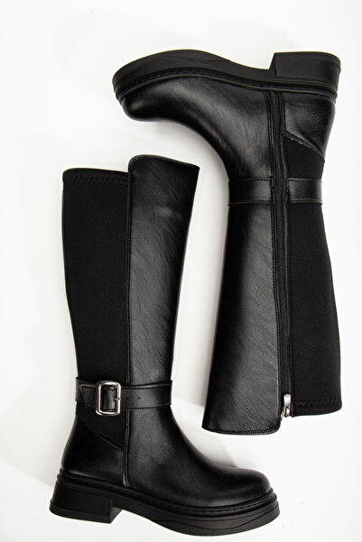 halabi moda Kadın Siyah Mat Cilt Toka Detaylı Arkası Streç Çizme