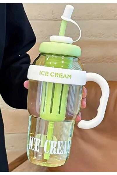 Home Ice Cream Designed Water Bottle with Straw 1.3 Liter Large Volume, Transparent Color Flask, Leak-Proof Lid
