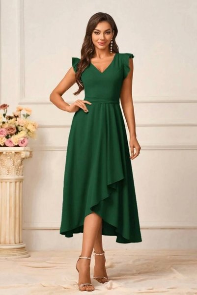 By BAYANA Flounce V-Neck Midi Length Crepe Dress