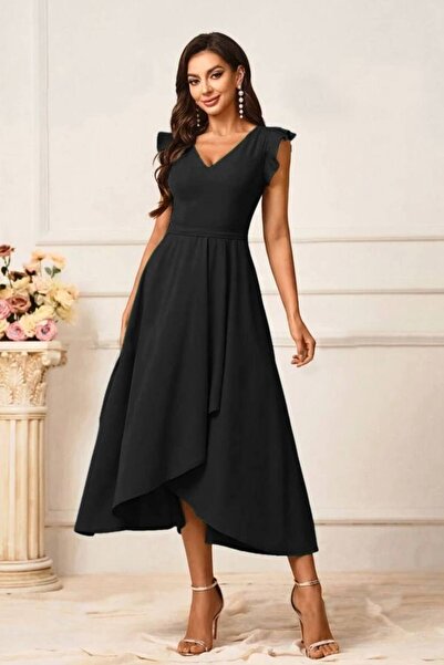 By BAYANA فستان كريب متوسط الطول بياقة على شكل حرف V مع كشكشة