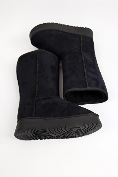 SEDRİK kalın tabanlı yuvarlak burunlu içi kürklü siyah süet kışlık çizme bot