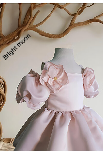 bright moon Kız çocuk saten balon kol orkide elbise