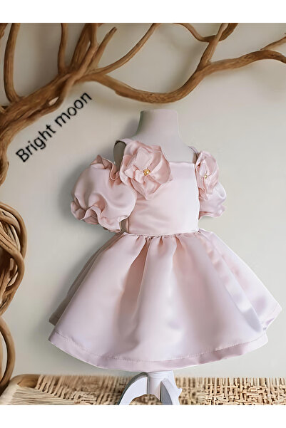 bright moon Kız çocuk saten balon kol orkide elbise