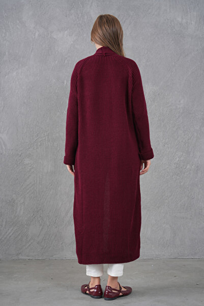 bayansepeti Burgundy Knitwear Fabric Double Pocket Shawl Collar Long Burgundy Cardigan 5001