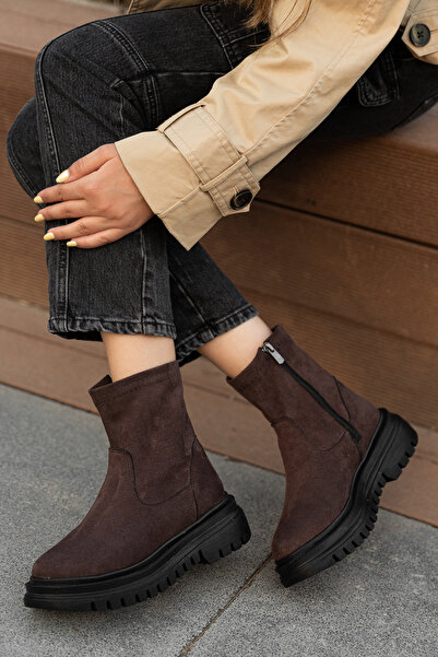 AYAKKABI MEET Kahverengi Süet Kadın Kalın Taban Günlük Kısa Bot 12365214