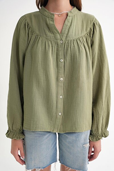 Mixray 4733 Women's Drawstring Robe Long Sleeve Muslin Shirt Çağla