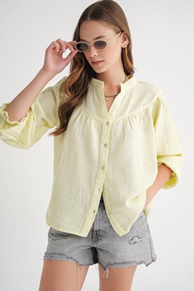 Mixray 4733 Women's Drawstring Robe Long Sleeve Muslin Shirt Butter Yellow