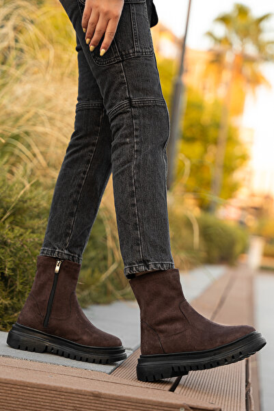 AYAKKABI MEET Kahverengi Süet Kadın Kalın Taban Günlük Kısa Bot 12365214