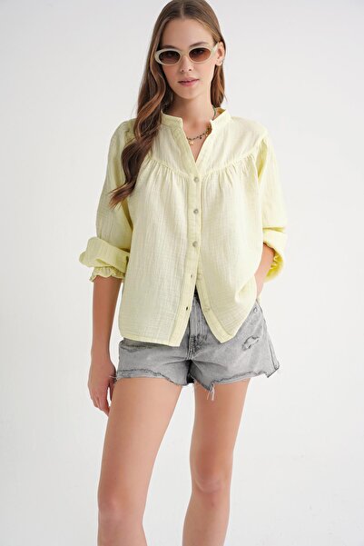 Mixray 4733 Women's Drawstring Robe Long Sleeve Muslin Shirt Butter Yellow