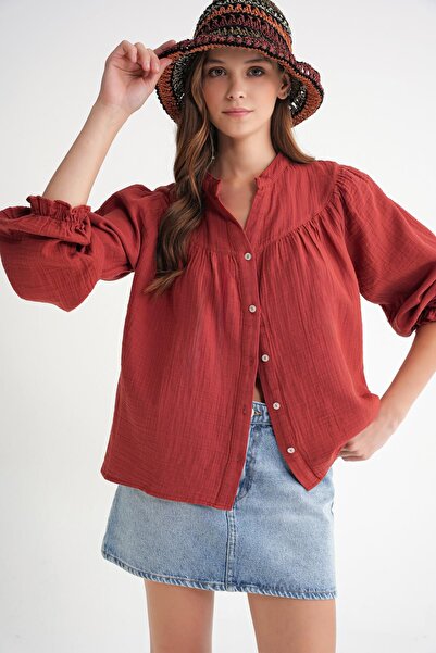 Mixray 4733 Women's Drawstring Robe Long Sleeve Muslin Shirt Cranberry