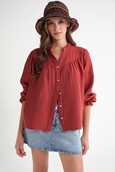 Mixray 4733 Women's Drawstring Robe Long Sleeve Muslin Shirt Cranberry