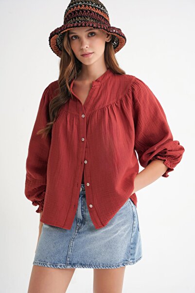 Mixray 4733 Women's Drawstring Robe Long Sleeve Muslin Shirt Cranberry