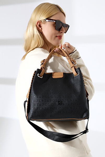Just Polo JP Large Size Hand Knitted Detailed Black Tan Wide Strap Women's Shoulder and Hand Bag