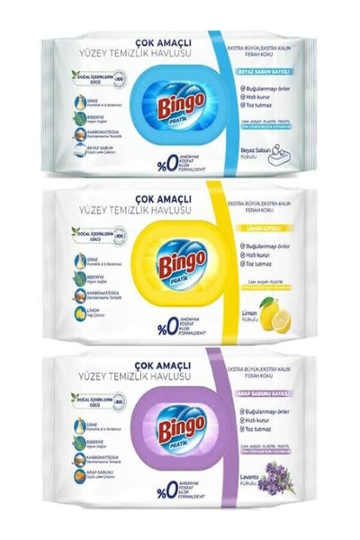 Bingo Pratik Yüzey Temizlik Havlusu Beyaz Sabun-Lavanta-Limon 96 Lı(288)Yaprak