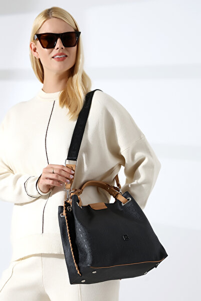 Just Polo JP Large Size Hand Knitted Detailed Black Tan Wide Strap Women's Shoulder and Hand Bag