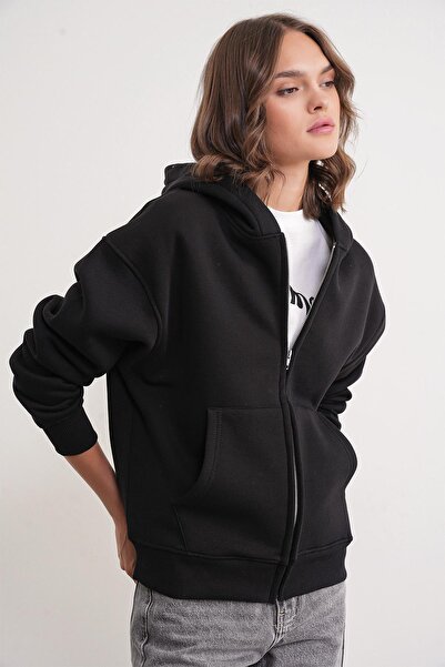 Mixray 2023 Unisex 3-Thread Basic Fleece με φερμουάρ Φούτερ με κουκούλα μαύρο