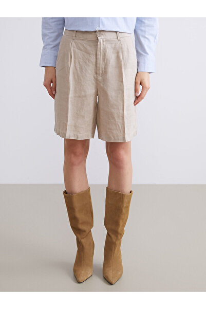 LC Waikiki Lcw Visionbrown Loose Fit 100% Linen Women's Pleated Shorts