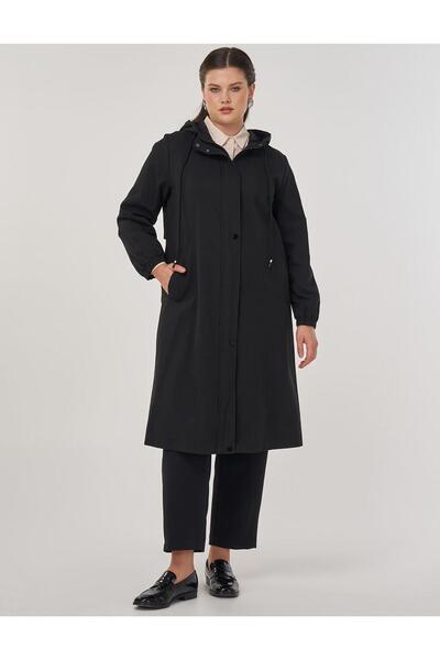 Kayra Kapüşonlu Uzun Trençkot Siyah