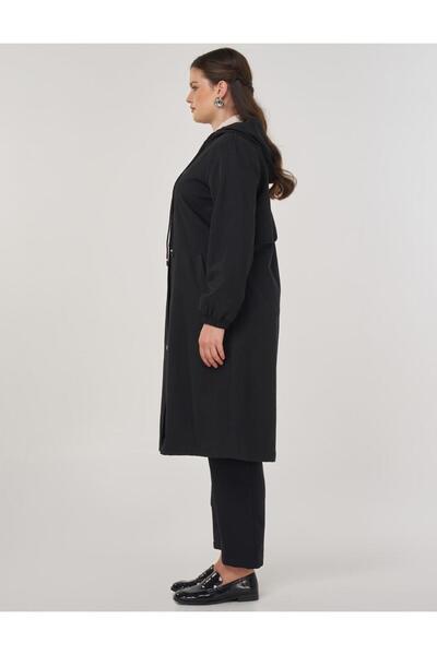 Kayra Kapüşonlu Uzun Trençkot Siyah