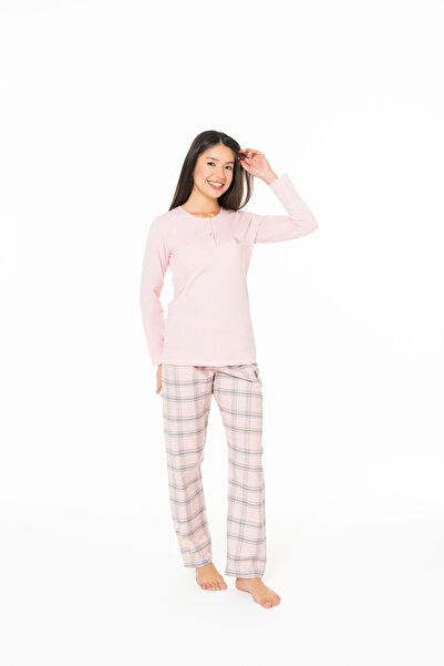 U.S. Polo Assn. Kadın Pembe Bisiklet Yaka Kareli Desenli Alt Takımlı Ev Giyim - Pembe - BCP1.20I16U9-GPEM