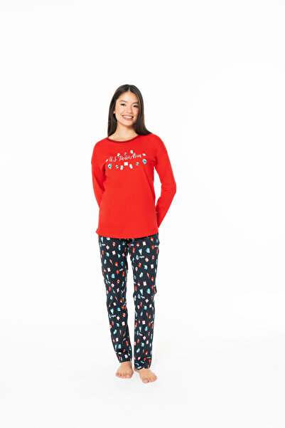 U.S. Polo Assn. Women's 100% Cotton Straight Leg Patterned Red Pajama Set - Red - Bcp1.20E16M7-Ukir