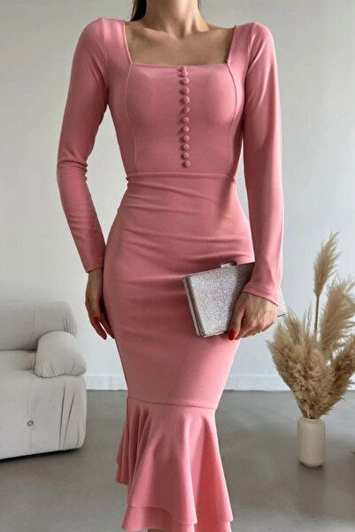 Arden Pencil Dress, Midi Fishtail Long Sleeve, Flounced Powder Crepe Cocktail Dress, Invitation, Graduation, S m L