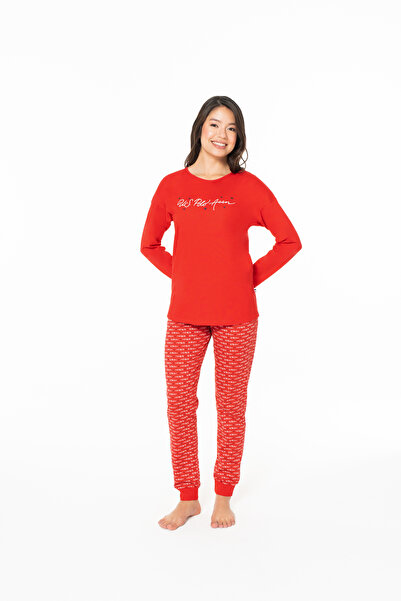 U.S. Polo Assn. Women's 100% Cotton Patterned Comfortable Elasticated Leg Pajama Set Red - Red - Ilc2.20I14U7-Gkir