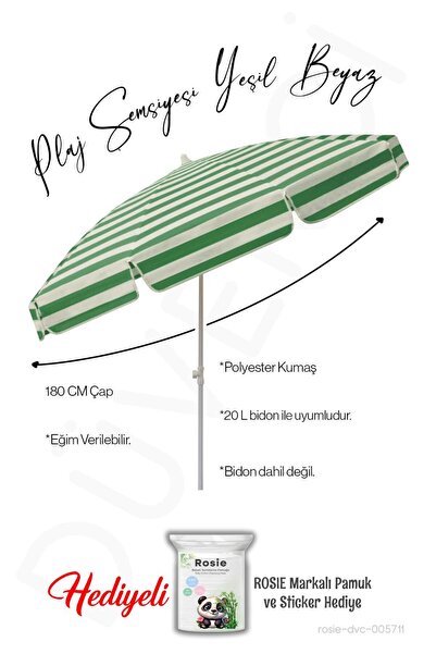 Düvenci Plaj Şemsiyesi Yeşil Beyaz 180 CM Çap 8 Telli Eğim Verilir BİDONSUZ v...