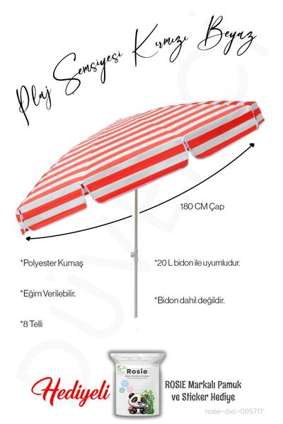 Düvenci Plaj Şemsiyesi 180 CM Çap Kırmızı Beyaz 8 Telli Eğim Verilir BİDONSUZ...