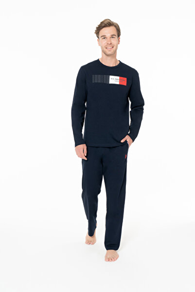 U.S. Polo Assn. Erkek Basic Baskılı Bisiklet Yaka Lacivert Pijama Takımı %100 Pamuk - Lacivert - SELKR18G94Q5-ALAC