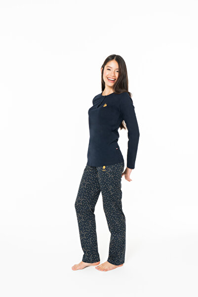 U.S. Polo Assn. Kadın %100 Pamuklu Yıldız Desenli Düğmeli Pijama Takımı Lacivert - Lacivert - ILC2.20A16E1-ILAC