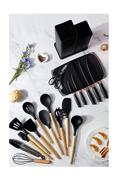 Generic 19-Piece Kitchen Utensils & Knife Set Stainless Knives,Scissors,Whisk,Tongs & Cutting Board (Black)