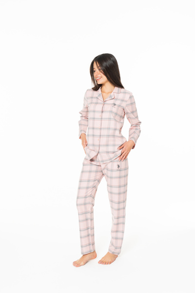 U.S. Polo Assn. Women's Square Patterned Shirt Collar Button Detail Pink Home Wear - Pink - Sreia20A16E8-Ipem