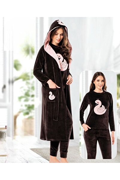 Miss Dünya Lissa Swan Love Brown Velvet Dressing Gown Pajama Set