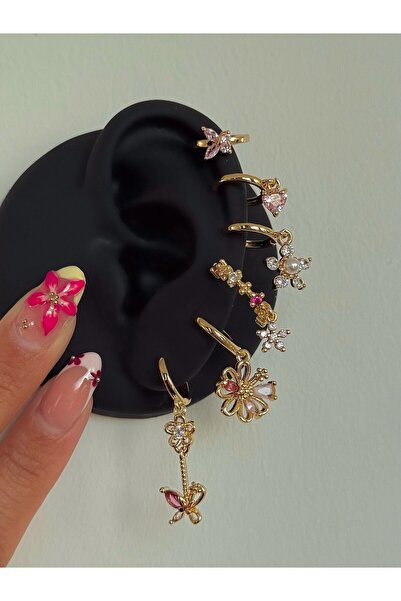 h&b design jewel Çelik Gold Renkli Kelebek Detaylı 6 Lı Küpe Seti