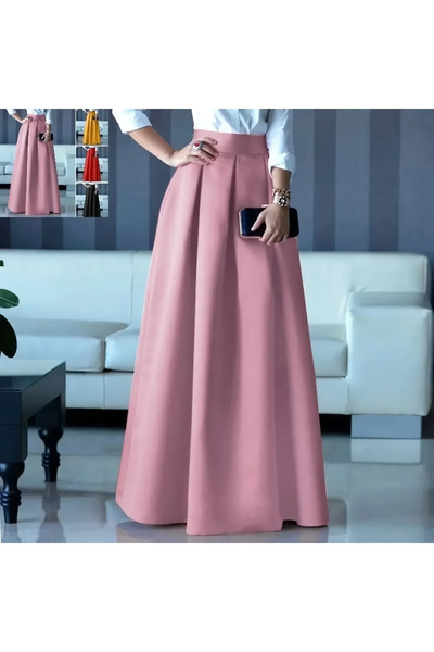 MadyaButik Women's Pink High Waist Maxi Long A-Line Satin Skirt
