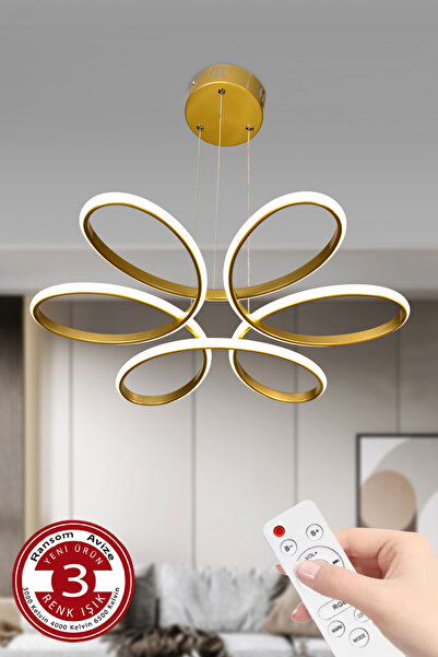 RANSOM 3 Renk Kumandalı Gold Kasa Büyük Salon & Oda Avizesi Topsuz Papatya Ledli Avize