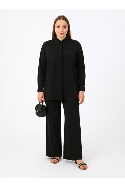 ALİA Plus Size Satin Tunic with Button Detail - Black -