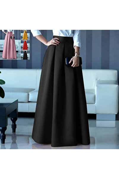 MadyaButik Women's Black High Waist Maxi Long A-line Satin Skirt
