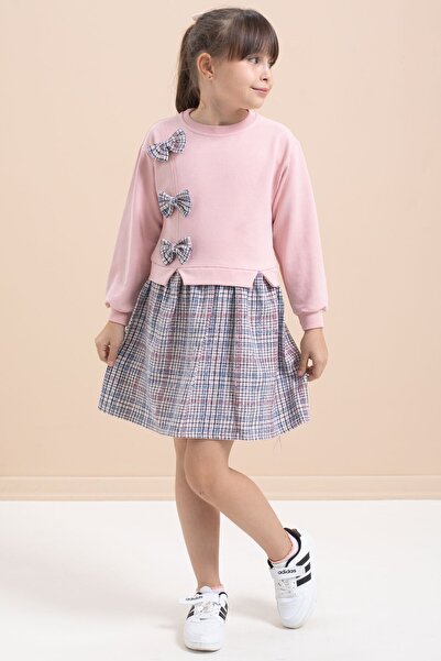 Cansın Mini Pink Girls' Bow Detailed Plaid Skirt Dress 21532