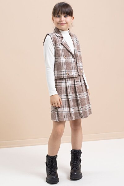 Cansın Mini Brown Plaid Patterned Button Detailed Jacket Girl's 2 Piece Set 21541