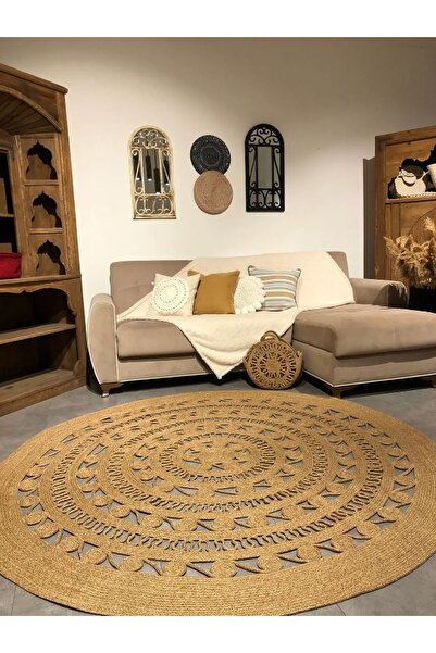 ModaCardin Salyangoz Doğal Hasır Halı Koyu Bambu Yuvarlak Örme Model Kilim