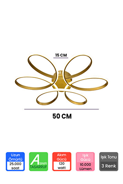 RANSOM 3 Renk Plafonyer Kumandalı Gold Kasa Büyük Led Avize Salon Papatya Ledli Avize