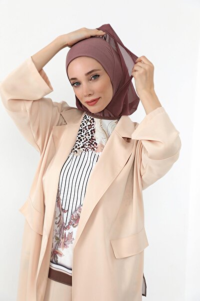 Aisha's Design Chiffon Hooded Combed Cotton Bonnet with Neck Covering Feature, B-95, Dusty Rose - Dusty Rose