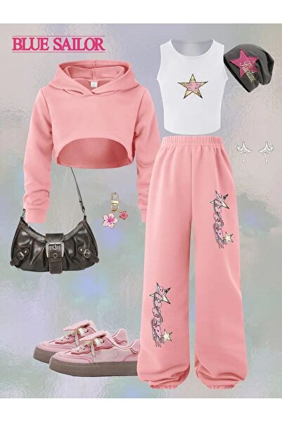 Kids Shop Kızlar İçin Kapüşonlu Crop Sweatshirt + Jogger 3lü Takım Pembe
