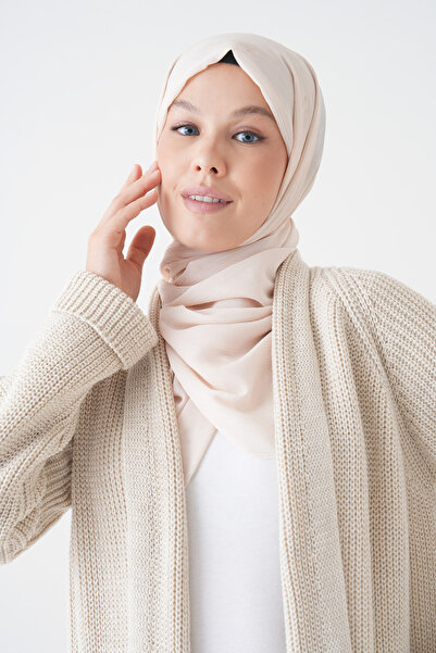 vuvutasarım Women's Knitwear Fabric Double Pocket Detail Shawl Collar Long Cream Hijab Clothing Cardigan 5001
