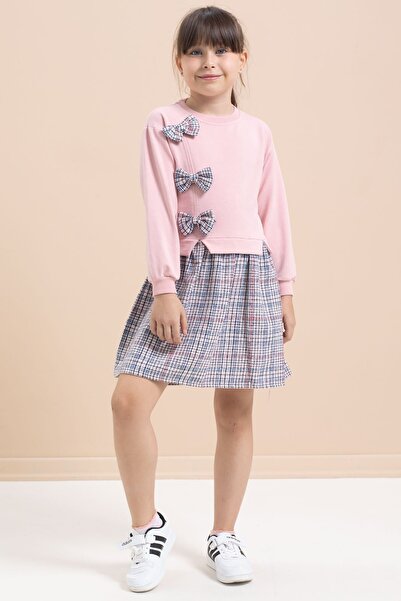 Cansın Mini فستان بناتي وردي اللون بتفاصيل فيونكة وتنورة منقوشة 21532